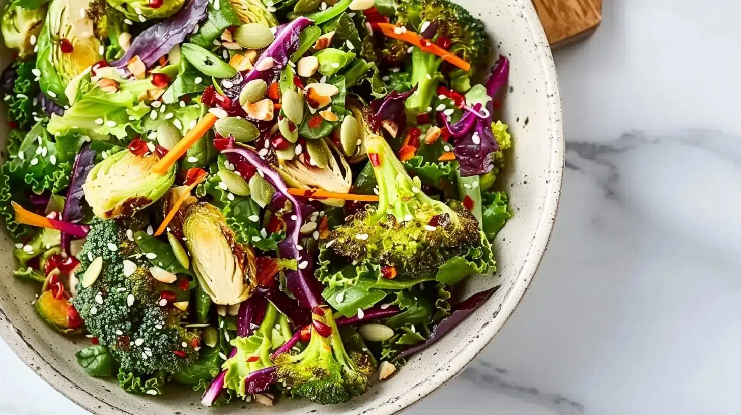 Crunchy Brussels sprouts and broccoli salad with vibrant colors and textures.
