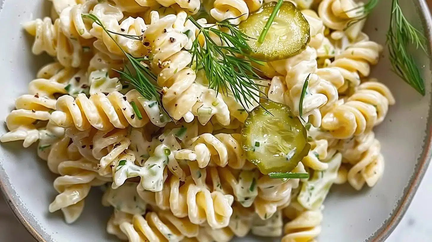 Crunchy Dill Pickle Pasta Salad with fresh ingredients and a tangy dressing