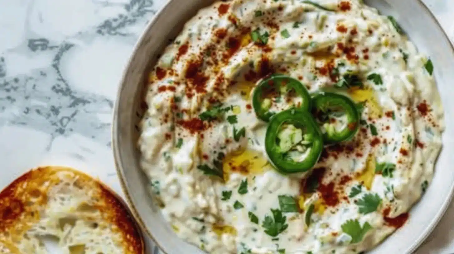 Dairy-free jalapeño dip served in a bowl with fresh herbs and tortilla chips