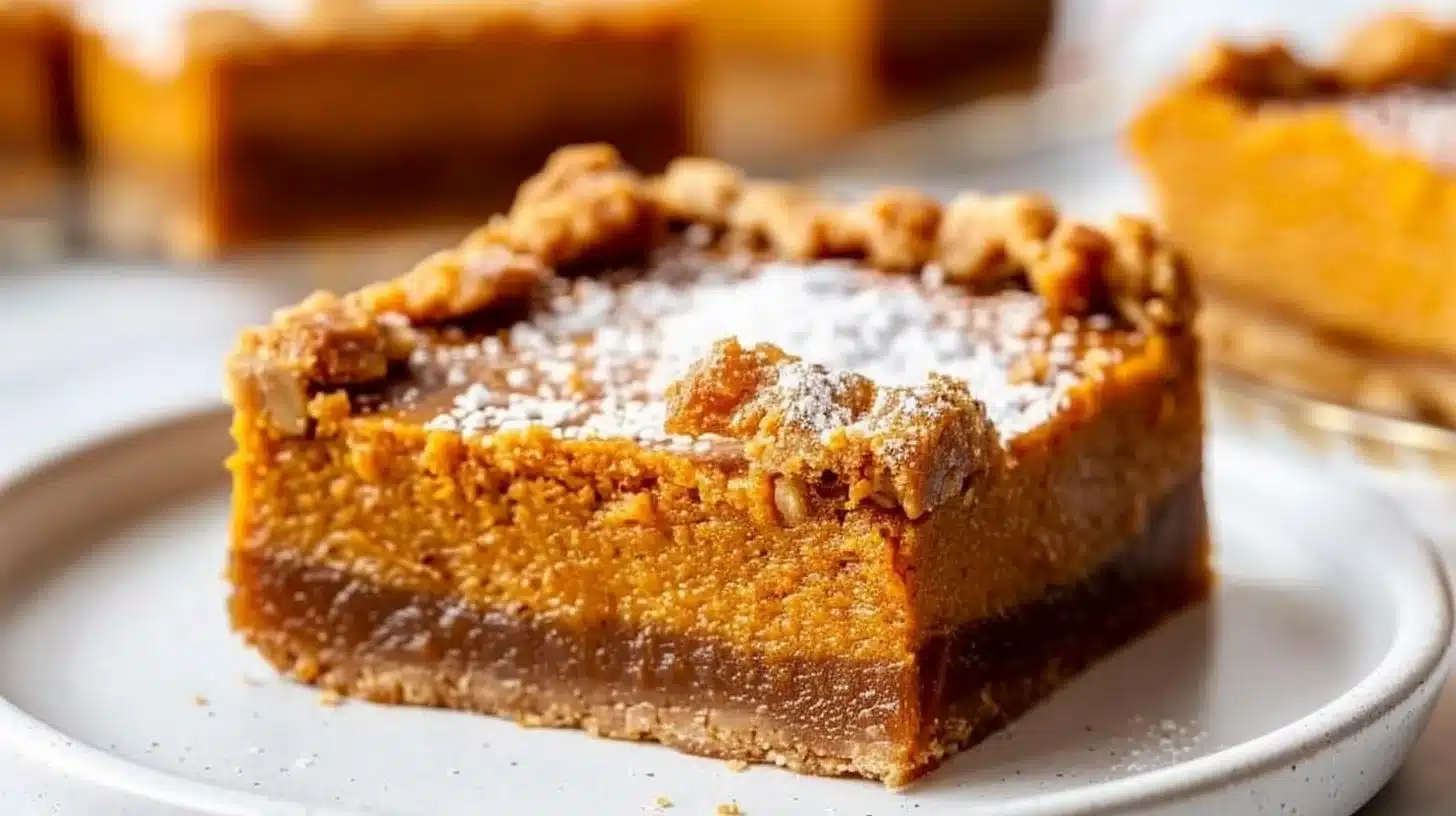 Dairy-free pumpkin pie bars topped with whipped cream on a decorative plate.