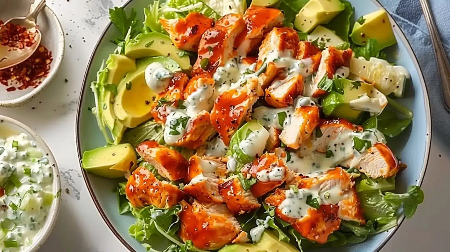 Deconstructed Buffalo Chicken Salad with vegetables and spicy dressing