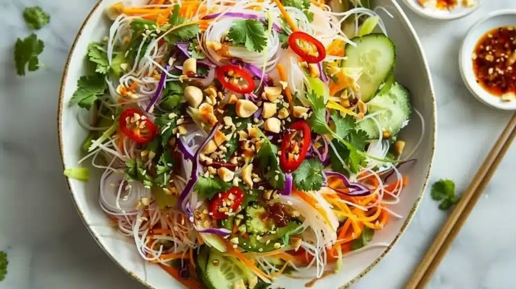 Deconstructed spring roll salad with fresh vegetables and herbs