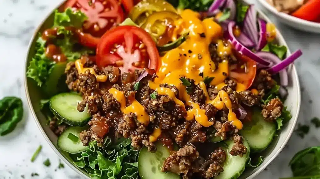 Cheeseburger bowl with fresh ingredients and melted cheese