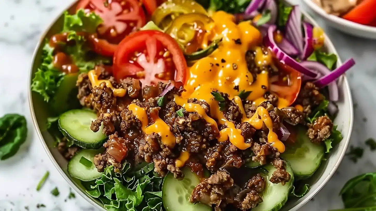 Cheeseburger bowl with fresh ingredients and melted cheese