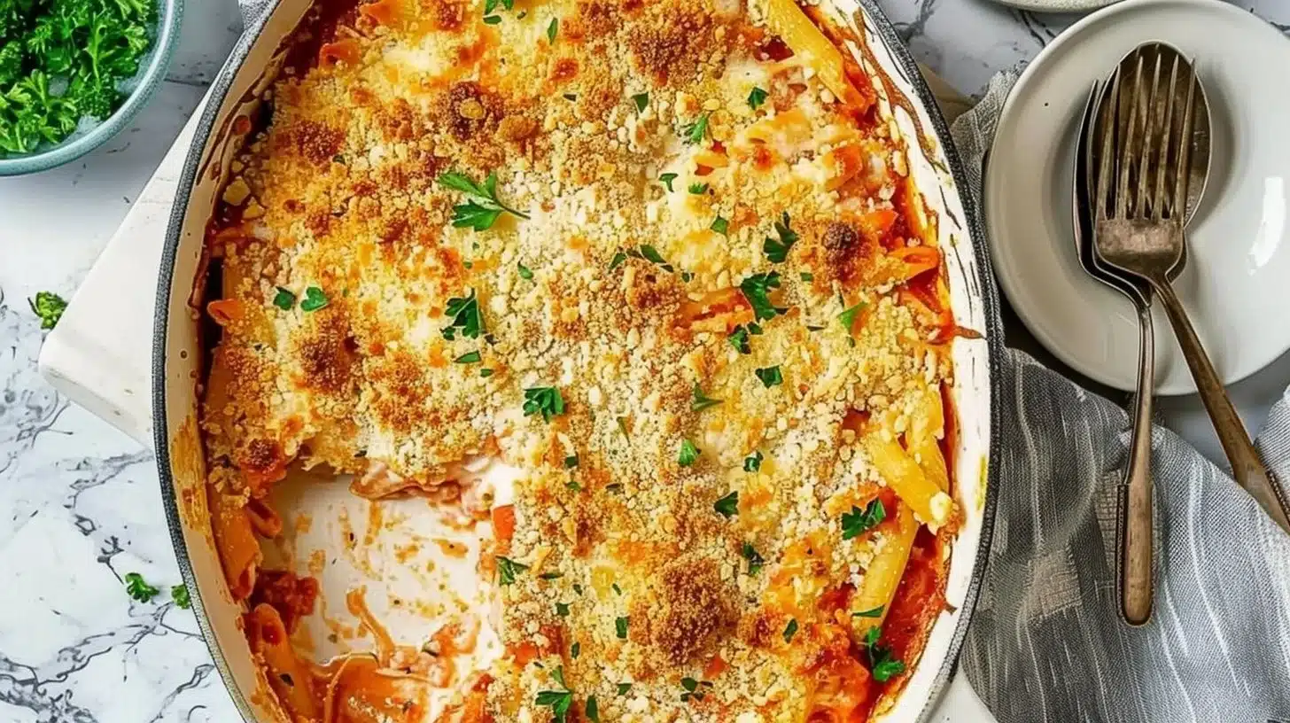 Delicious Dump and Bake Chicken Parmesan Casserole dish