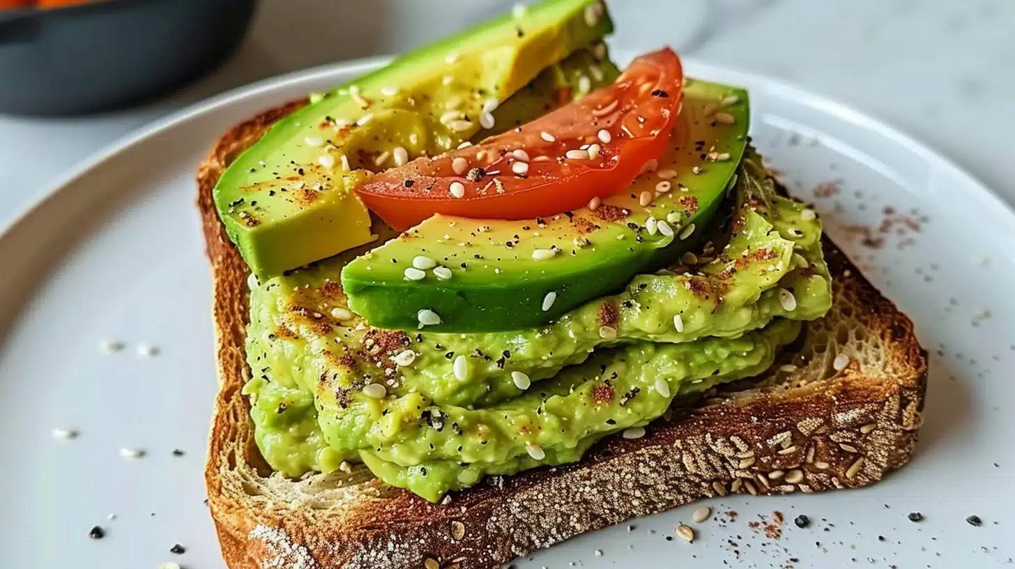 Delicious avocado hummus toast stack served on a wooden plate