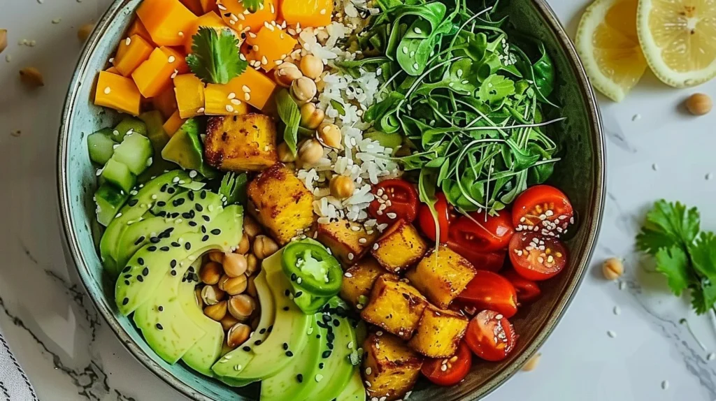Avocado lime veggie bowl topped with fresh vegetables and creamy dressing