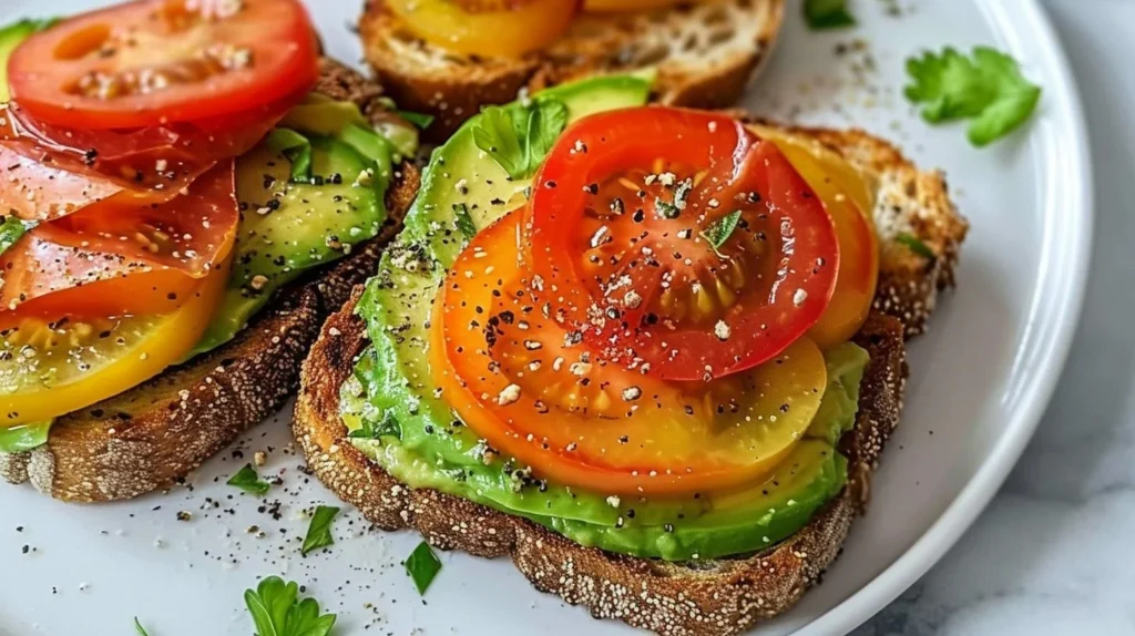 Delicious avocado tomato toast topped with fresh herbs for breakfast