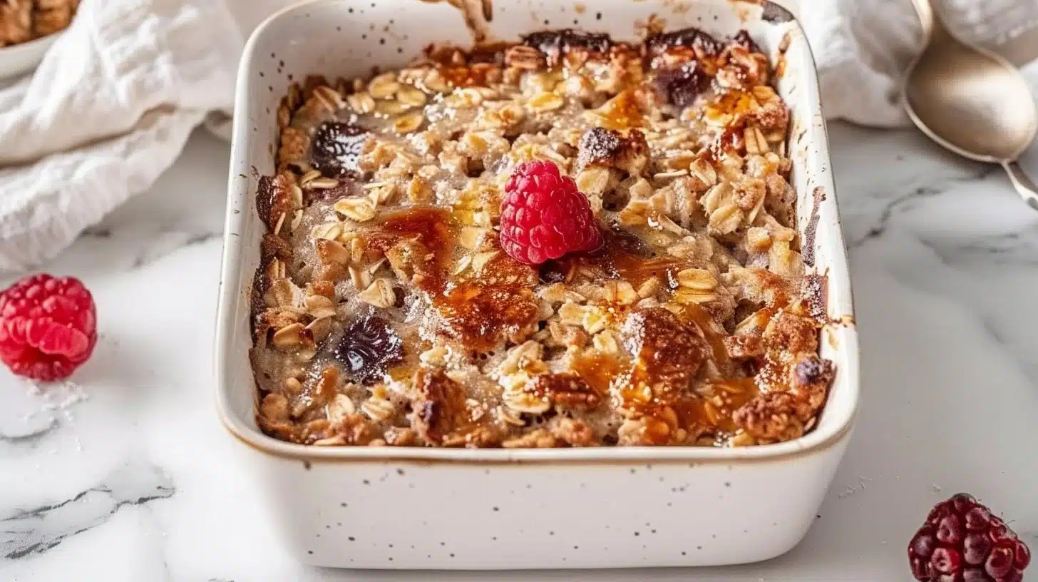 Delicious easy baked oatmeal casserole topped with fresh fruits and nuts