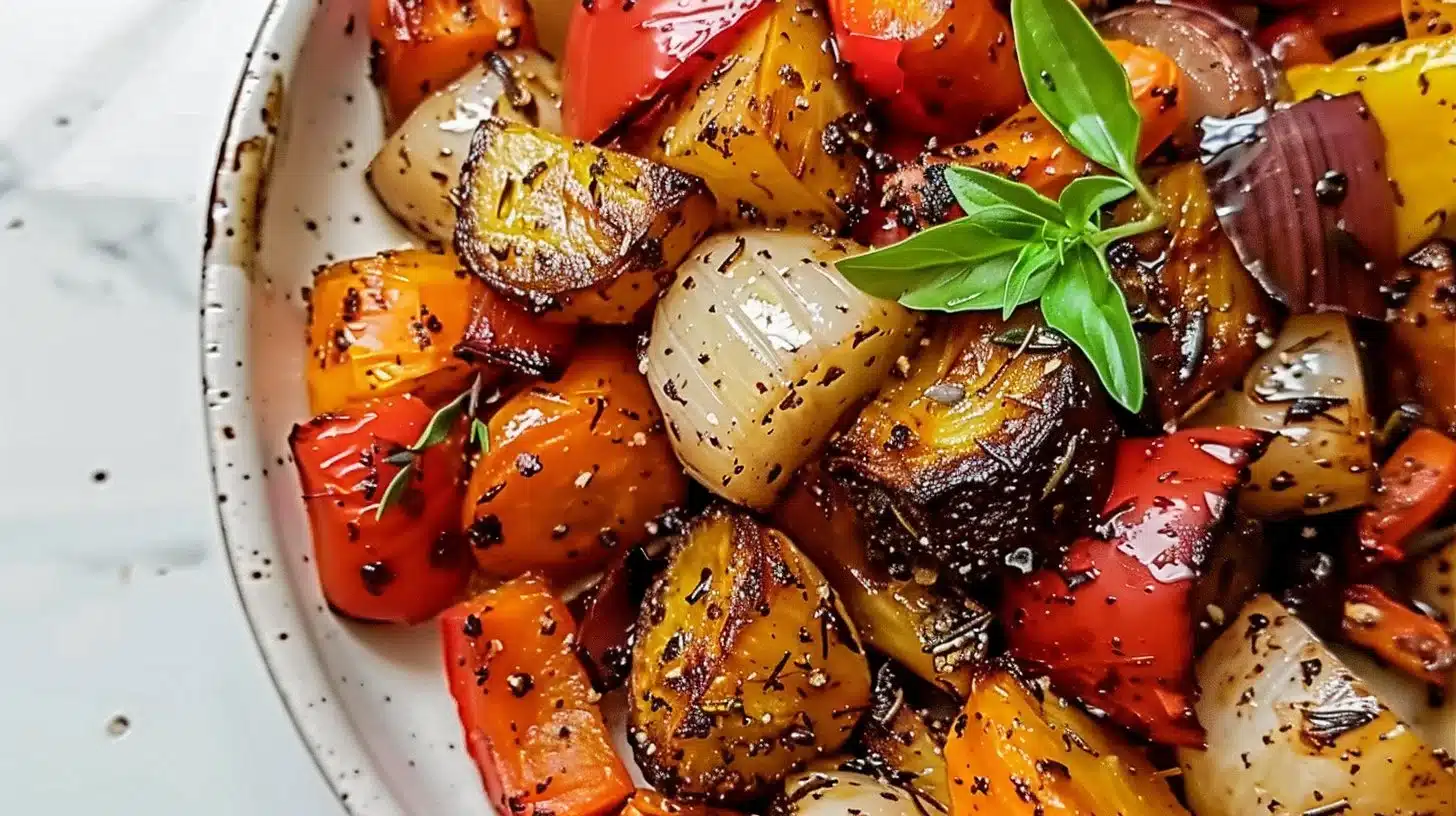 Colorful balsamic roasted veggie medley with vibrant vegetables glistening in glaze.