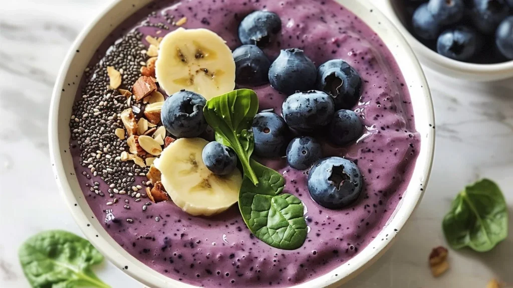 Blueberry spinach smoothie bowl topped with fresh fruits and seeds for breakfast