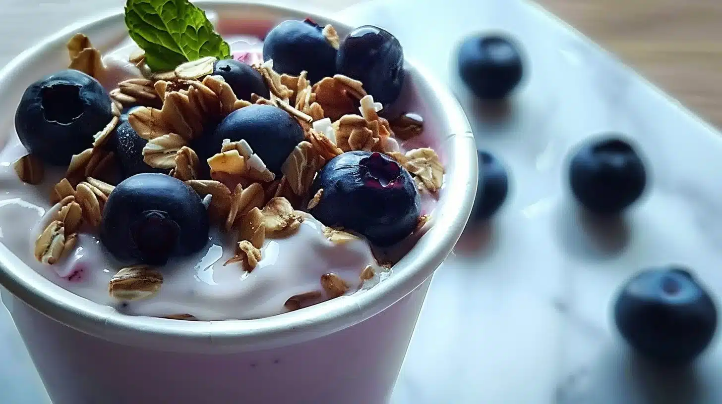 Easy blueberry yogurt breakfast cup topped with fresh blueberries.