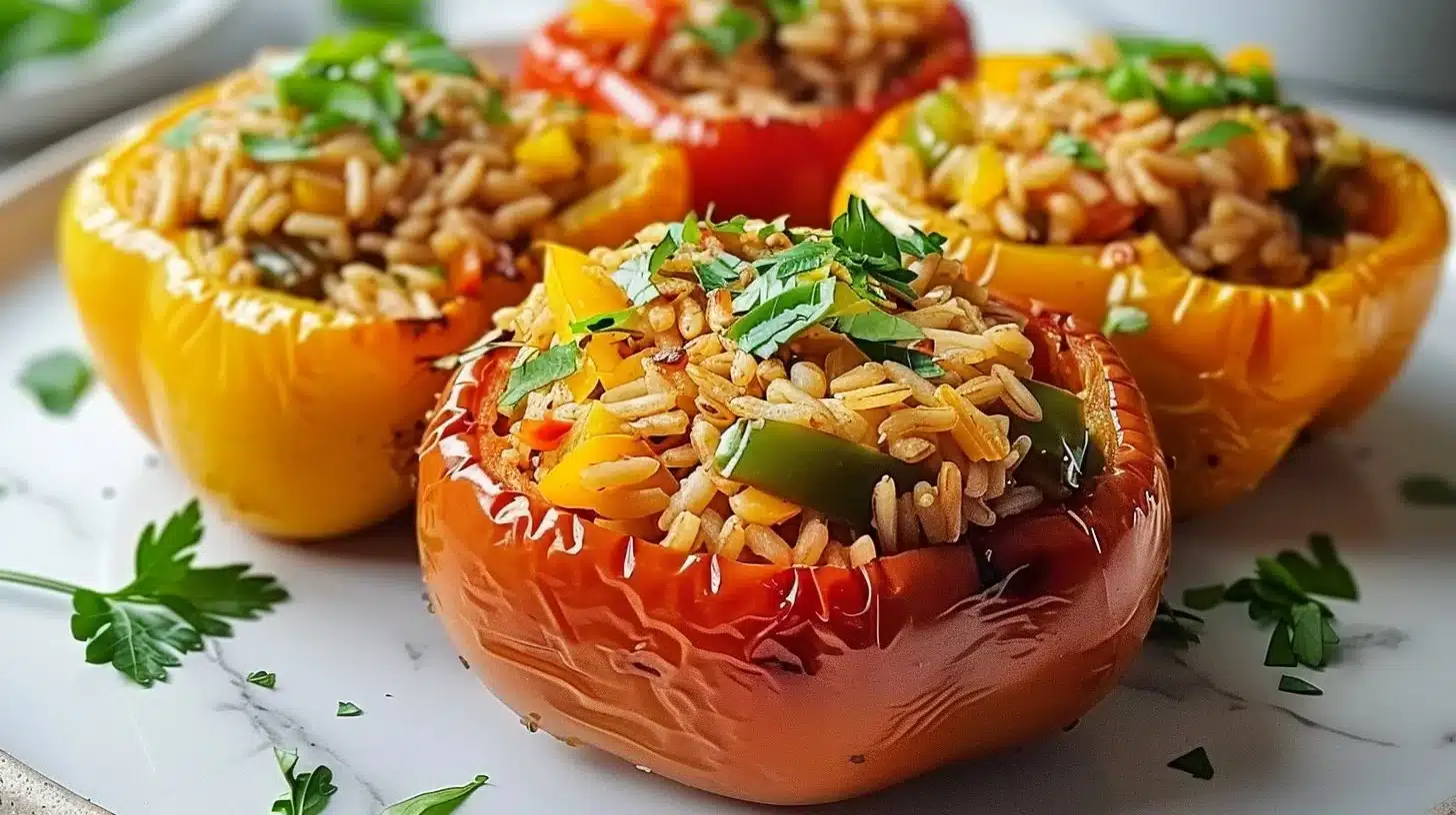 Colorful stuffed peppers filled with brown rice and flavorful ingredients