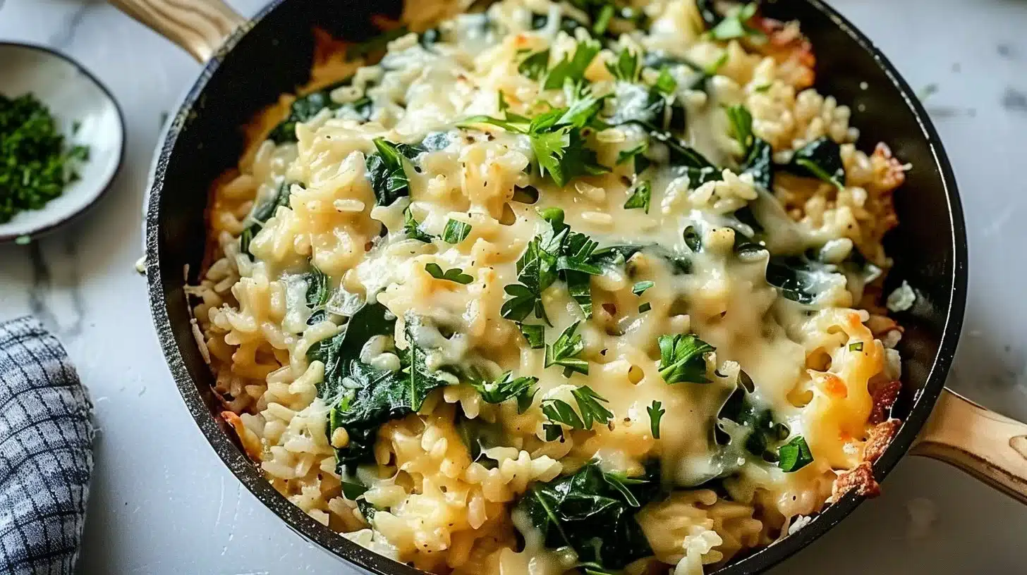 Easy cheesy spinach rice skillet dish garnished with cheese and spinach