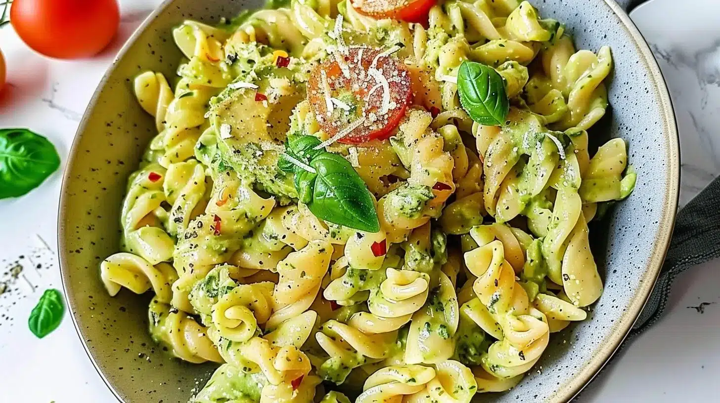 Easy creamy avocado veggie pasta dish garnished with fresh ingredients