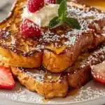 Delicious plate of easy French toast topped with syrup and strawberries.