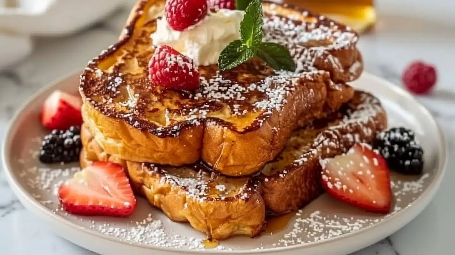 Delicious plate of easy French toast topped with syrup and strawberries.