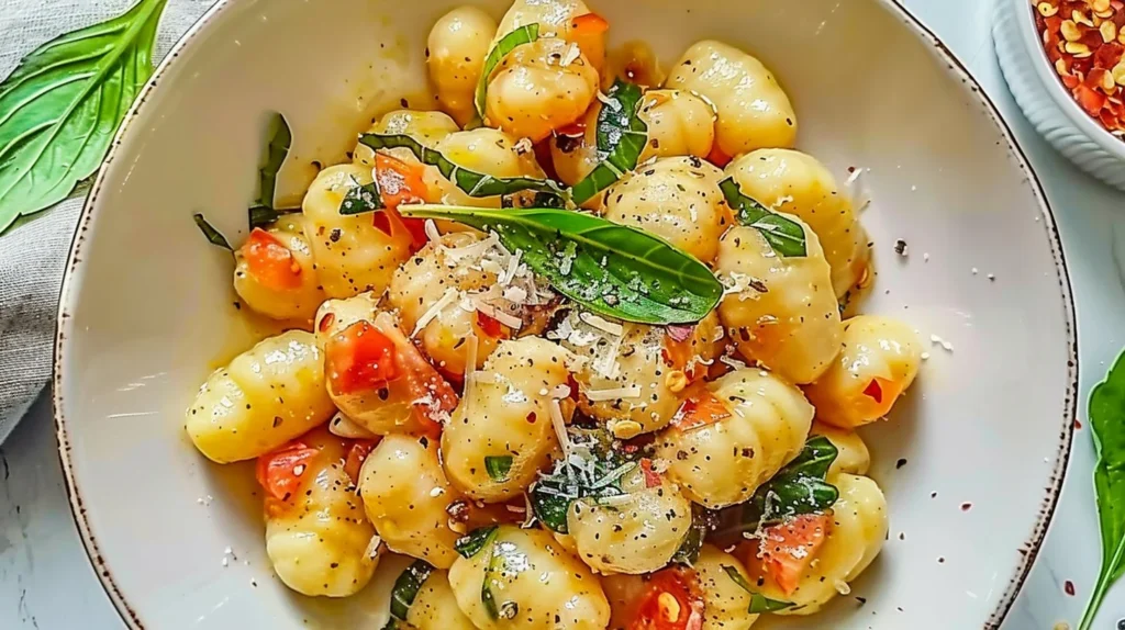 Delicious garlic butter veggie gnocchi served in a bowl with herbs