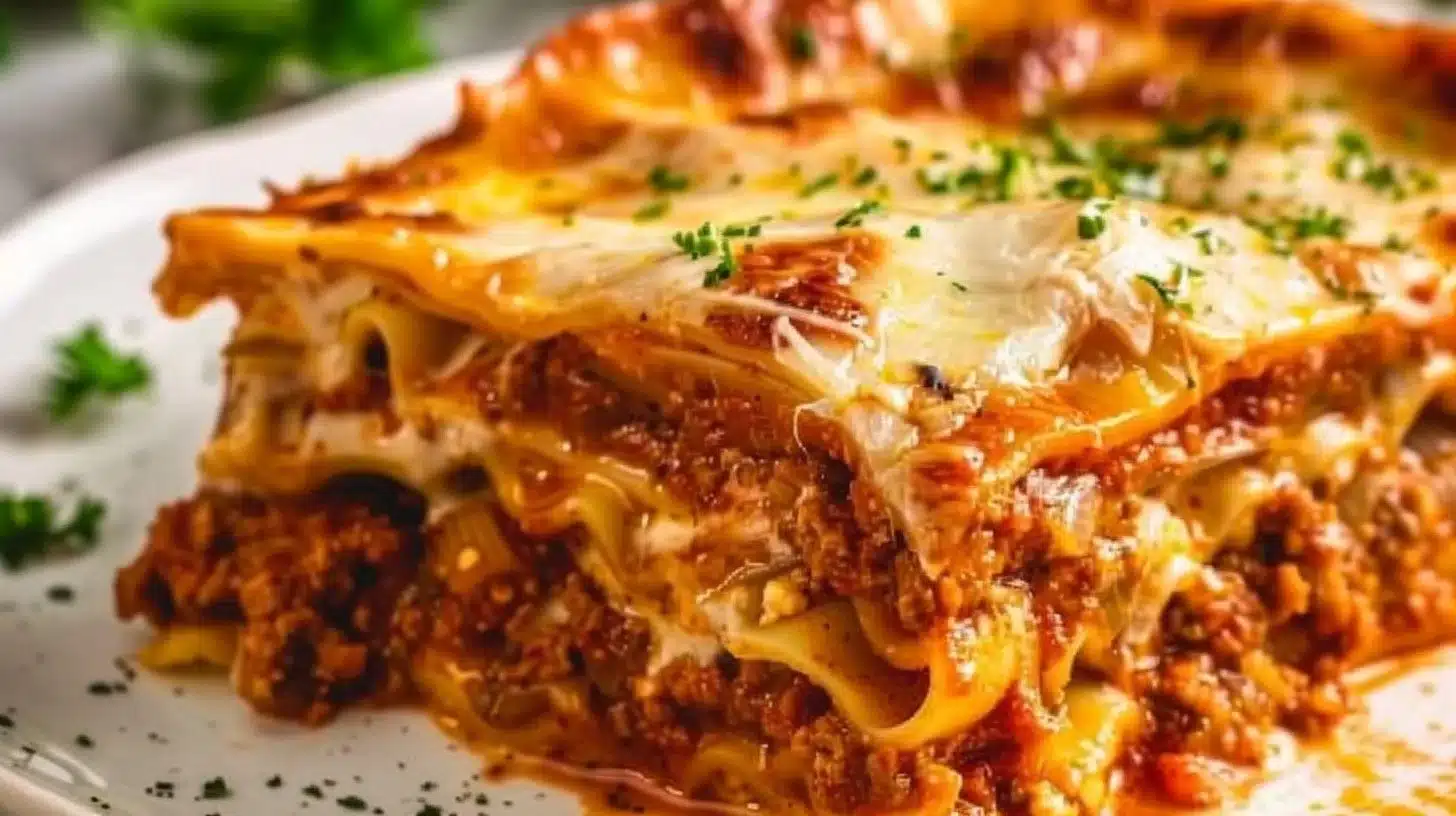 Plate of easy good lasagna with layers of pasta, cheese, and sauce.