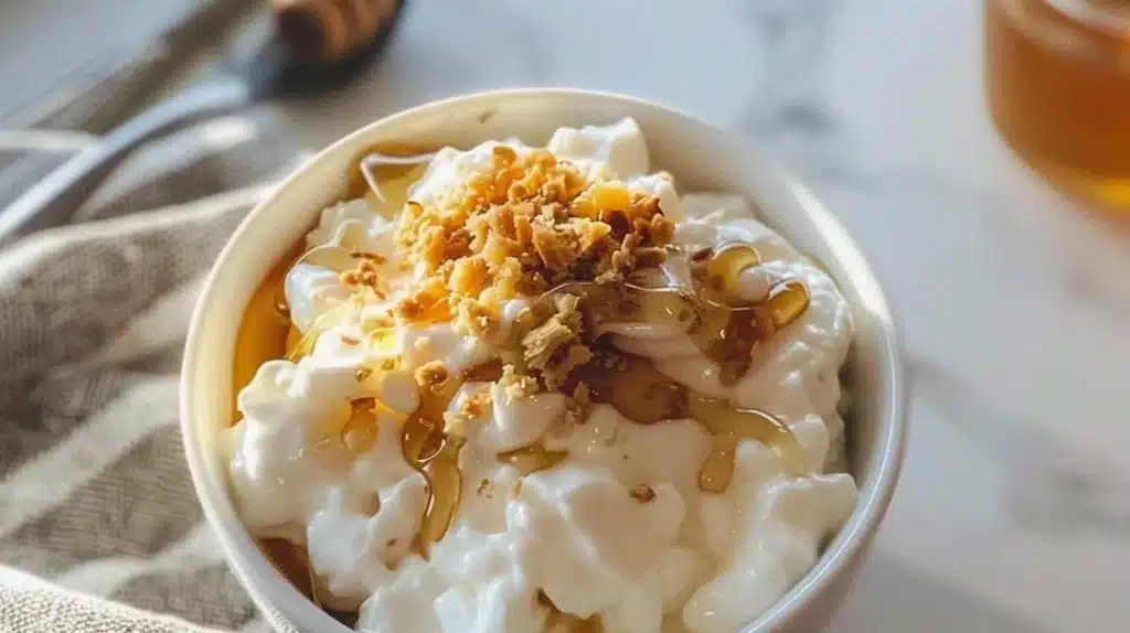 Delicious Greek yogurt honey bowl topped with nuts and fresh fruit