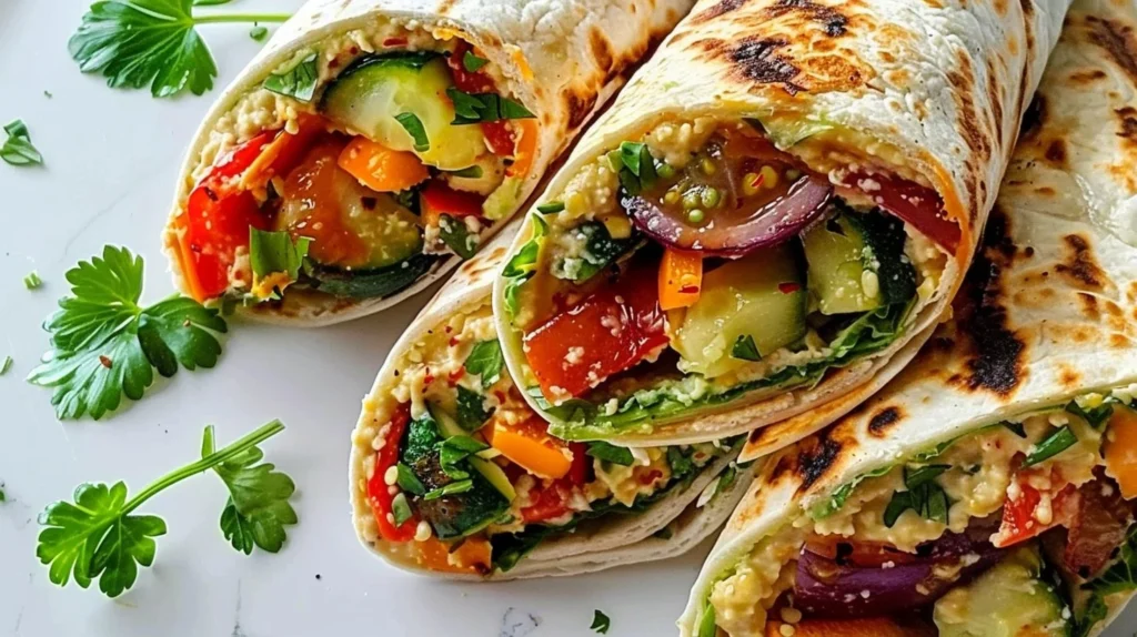 Delicious grilled veggie wraps with hummus and colorful vegetables
