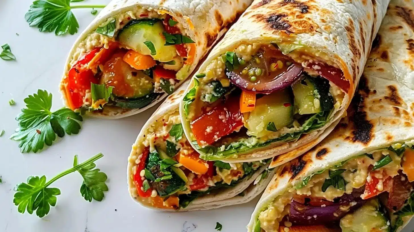 Delicious grilled veggie wraps with hummus and colorful vegetables