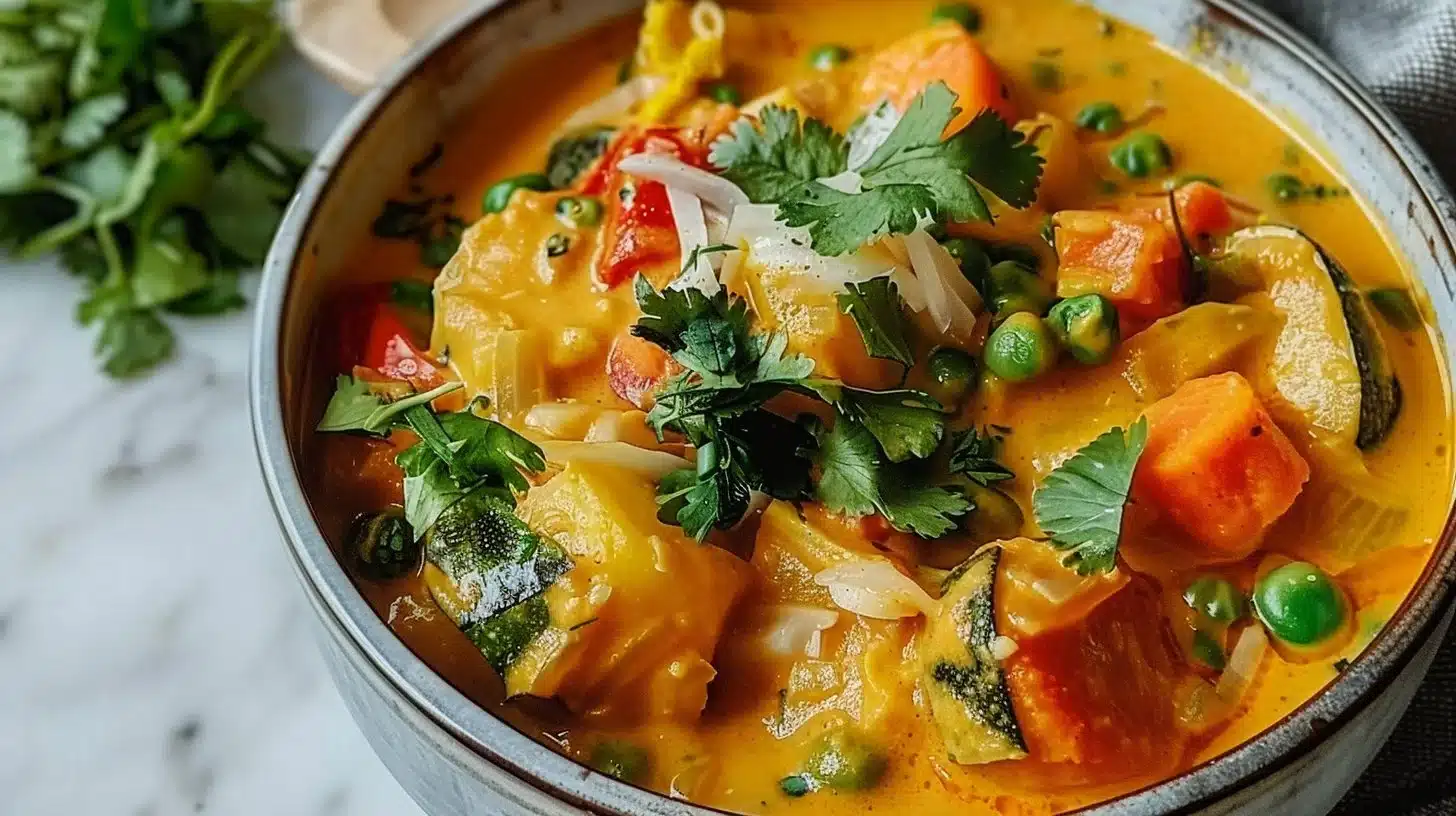 Bowl of easy healthy coconut vegetable curry with colorful vegetables