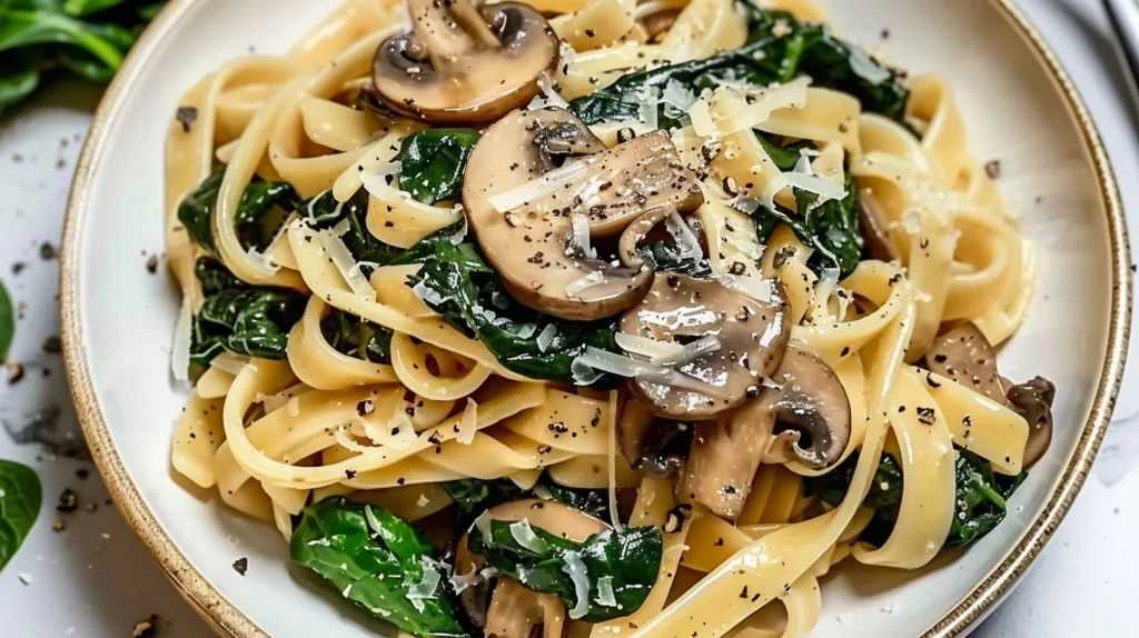 Delicious easy healthy spinach mushroom pasta dish topped with fresh herbs