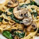 Delicious easy healthy spinach mushroom pasta dish topped with fresh herbs