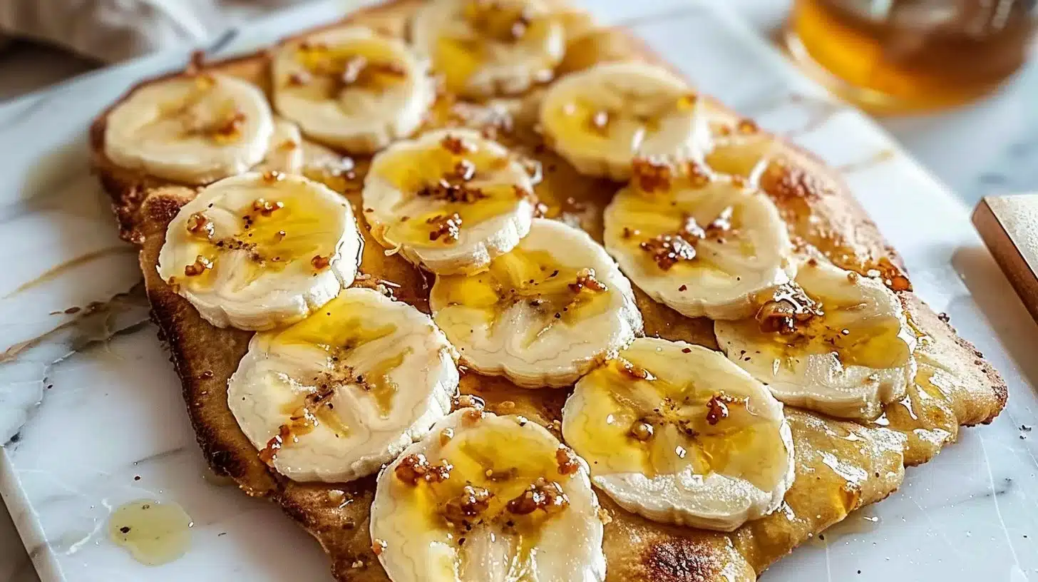 Delicious honey banana flatbread served for breakfast with a chewy texture and sweet flavor.