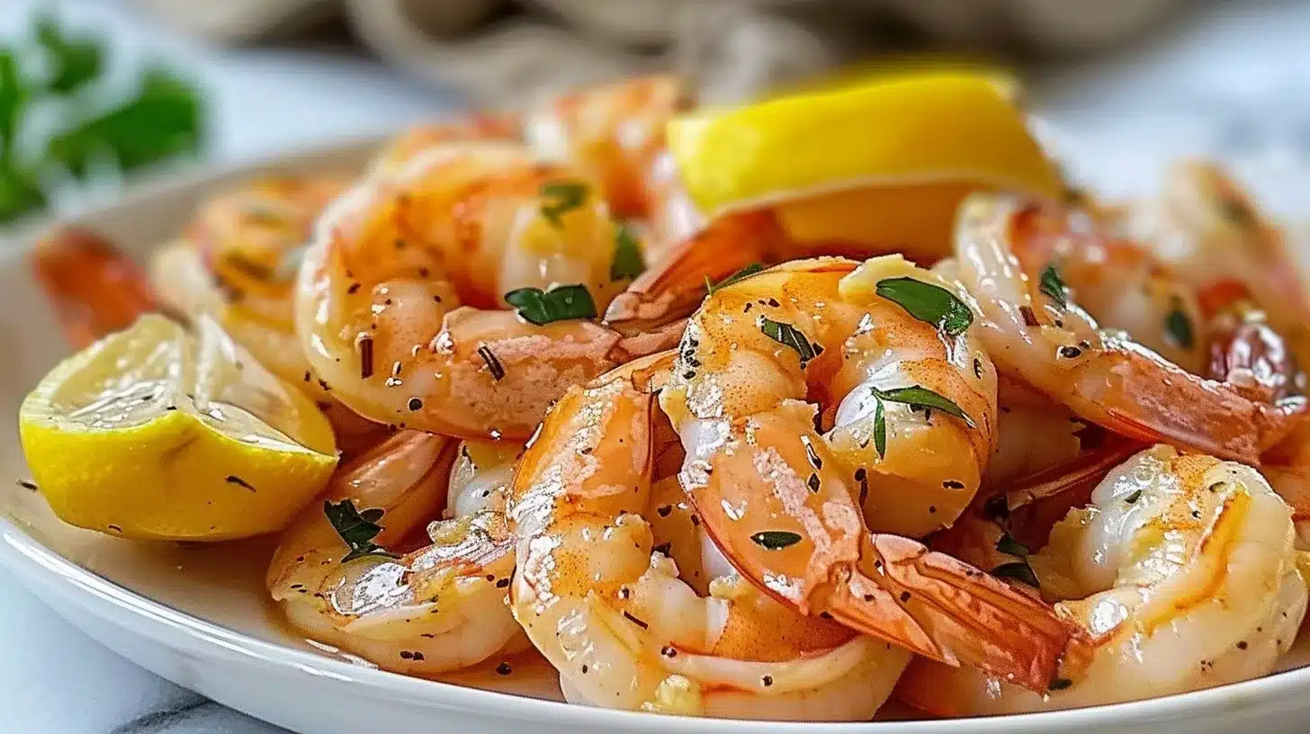 Plate of juicy lemon butter shrimp served with parsley garnish