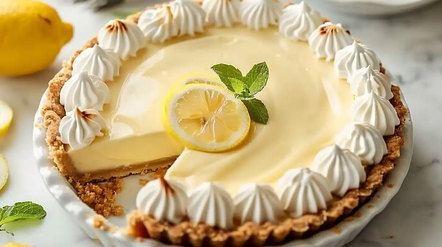 Slice of easy lemon cream pie on a plate with whipped cream and lemon zest.