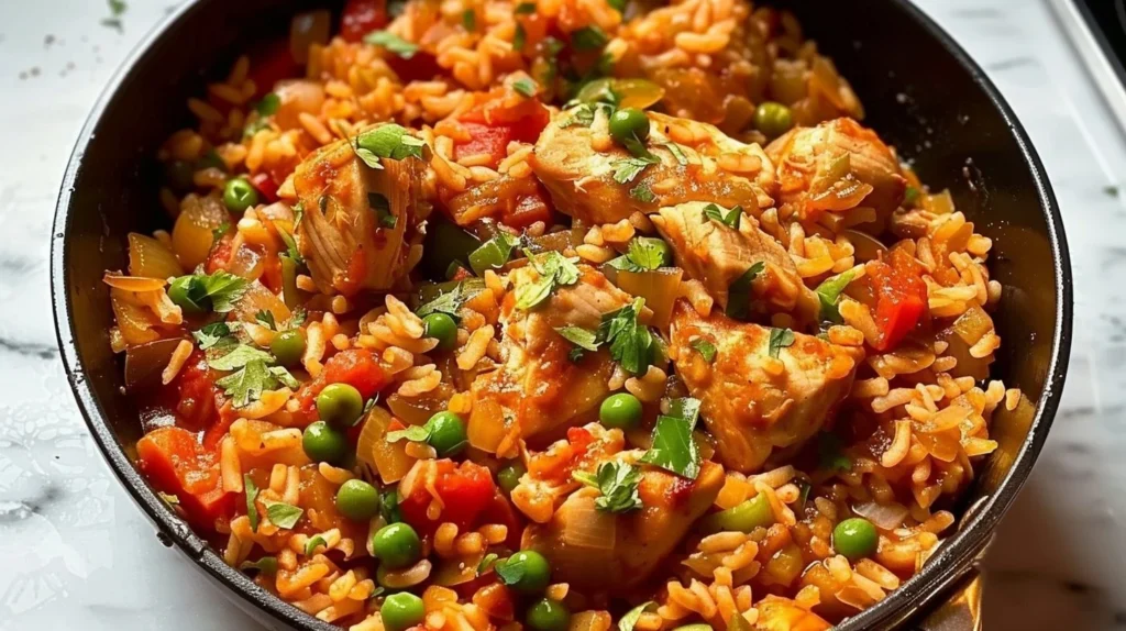 Delicious one pot chicken jambalaya dish garnished with herbs