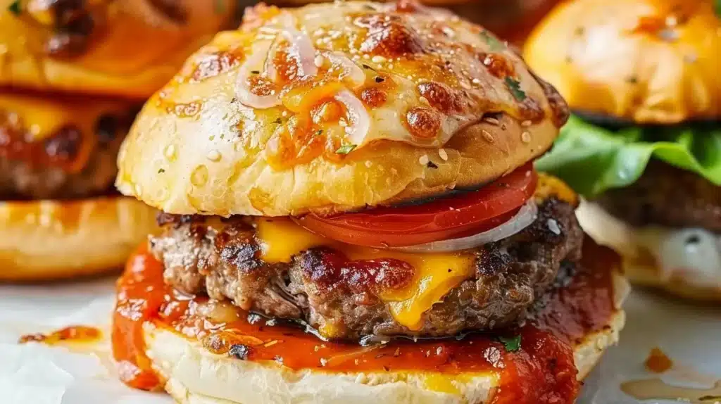 Delicious homemade pizza burgers topped with cheese and pepperoni.