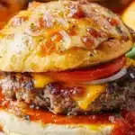 Delicious homemade pizza burgers topped with cheese and pepperoni.