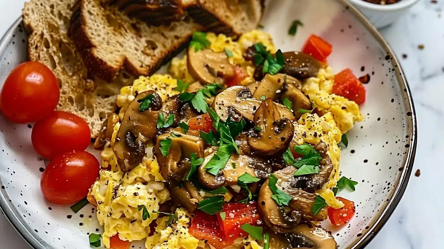 Delicious mushroom breakfast scramble served in a bowl, garnished with herbs.