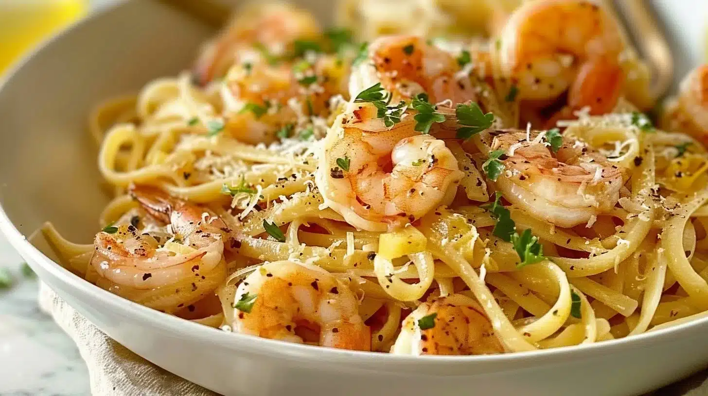 Delicious easy shrimp pasta dish garnished with herbs and ingredients.