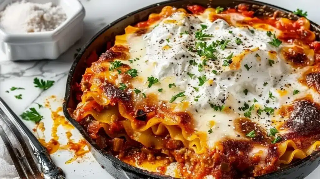 Delicious easy skillet lasagna prepared in one pan
