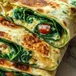 Delicious spinach cheese wrap served on a plate for breakfast.