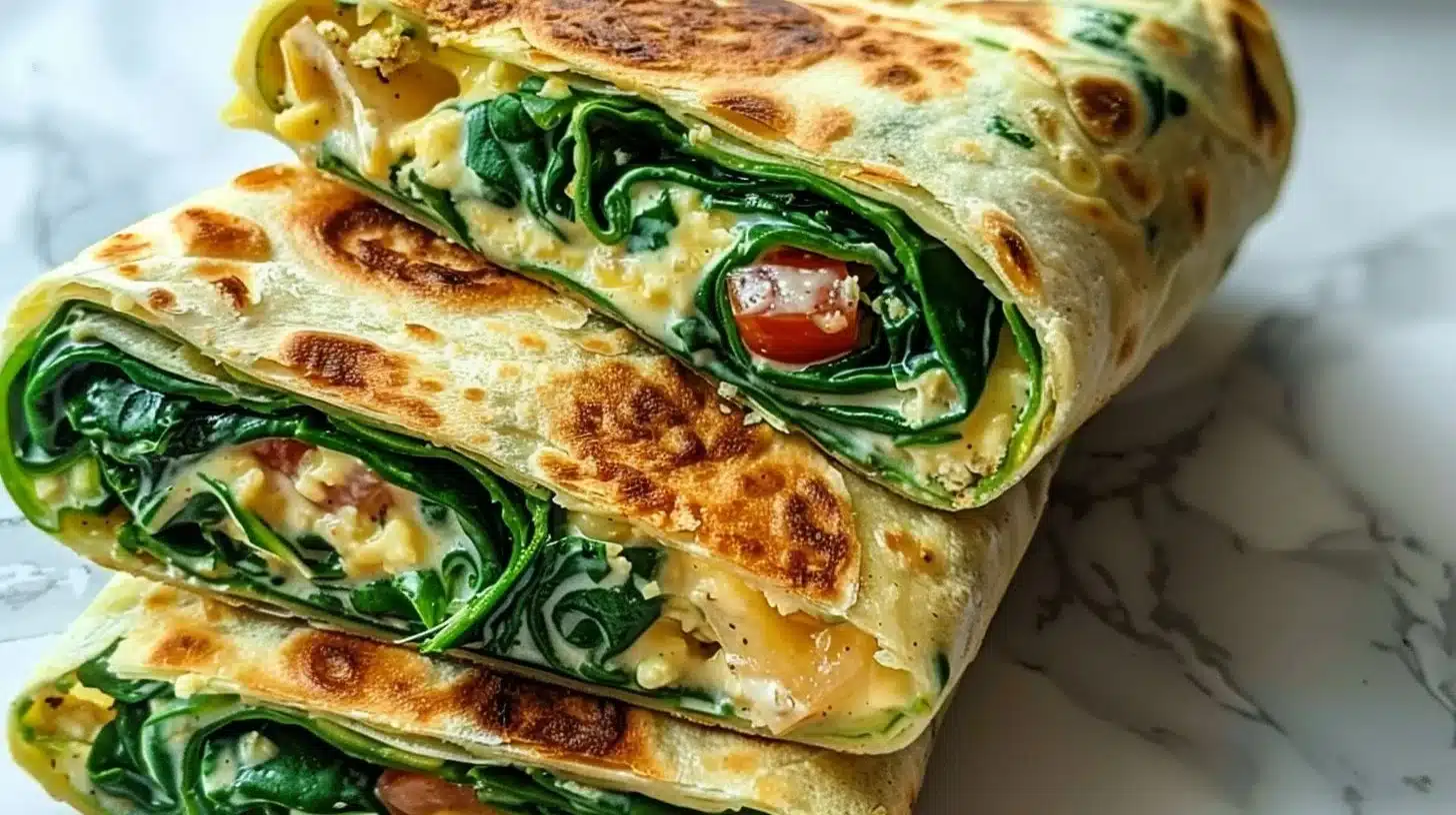 Delicious spinach cheese wrap served on a plate for breakfast.