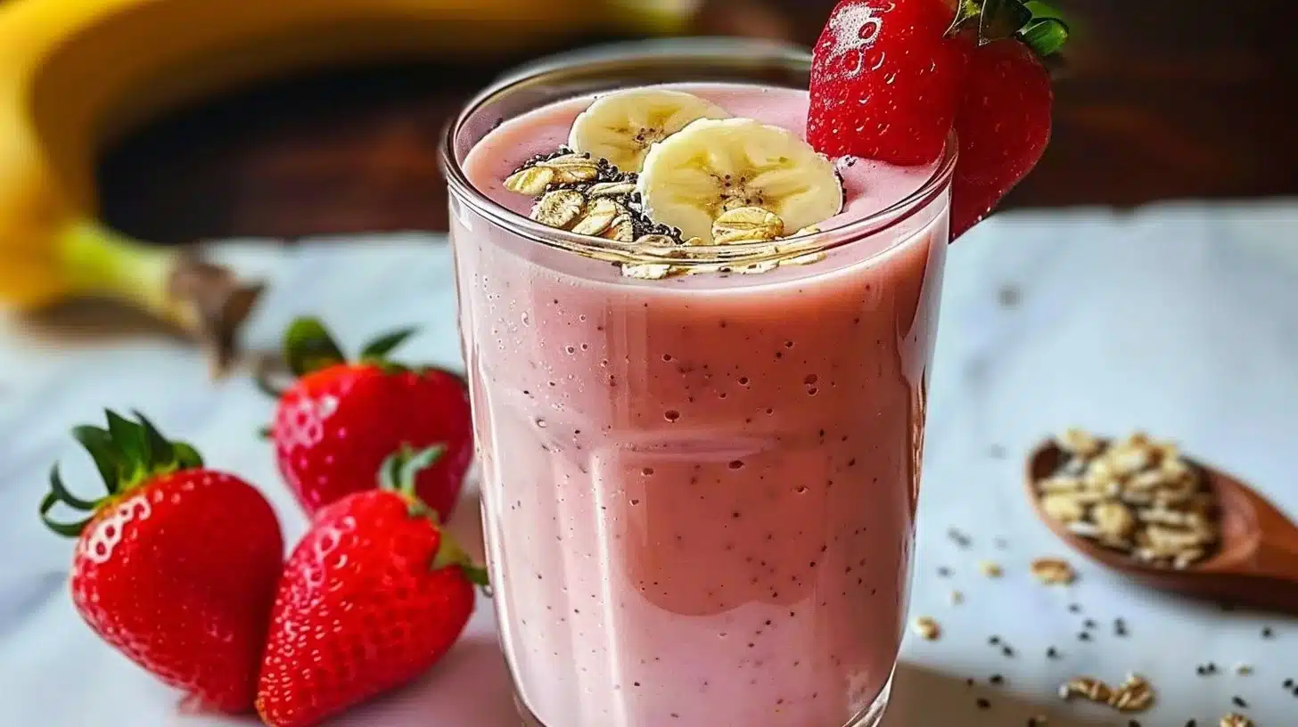 Creamy strawberry banana oat smoothie in a glass with fresh ingredients