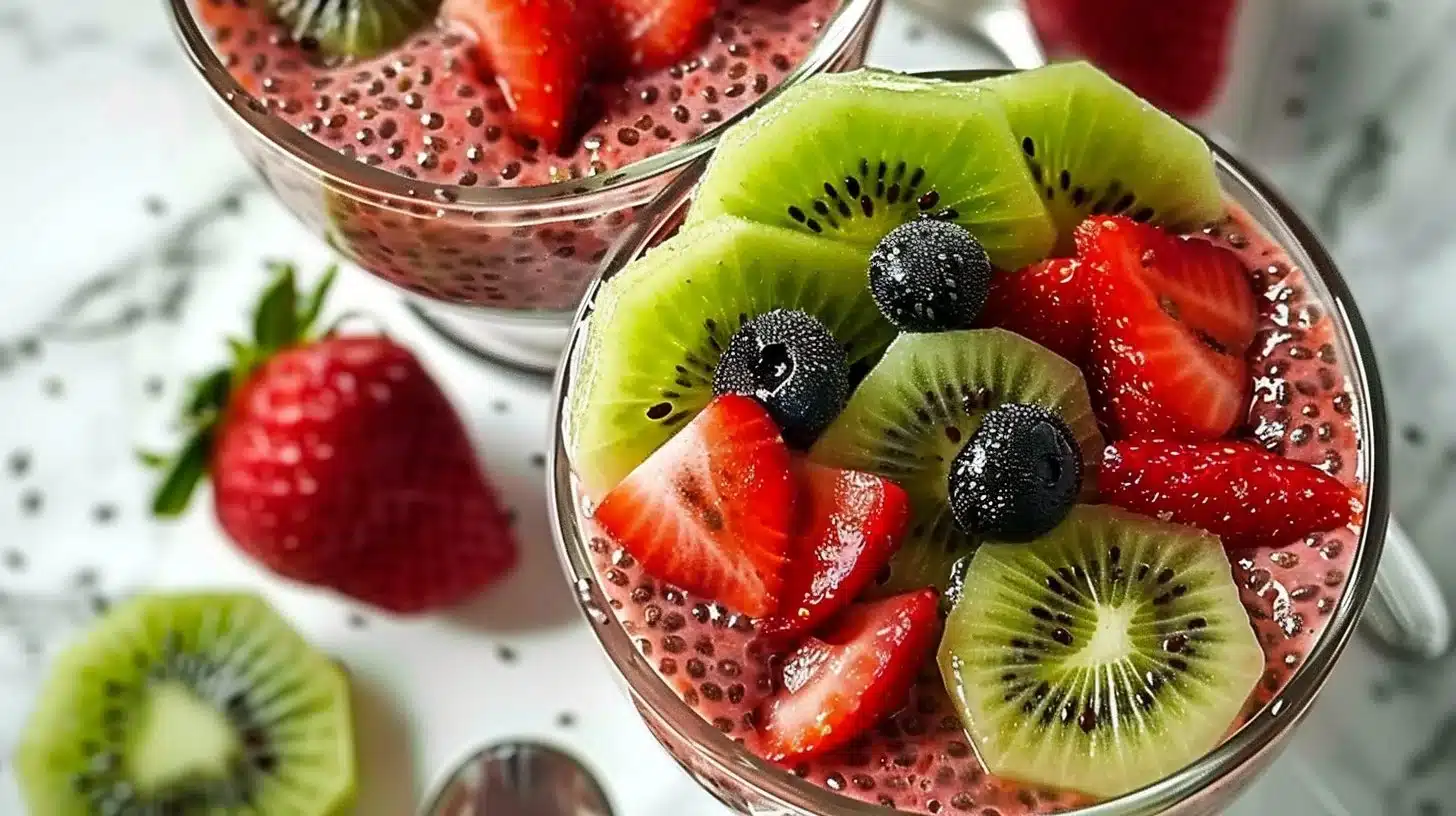 Delicious strawberry kiwi chia pudding topped with fresh fruits