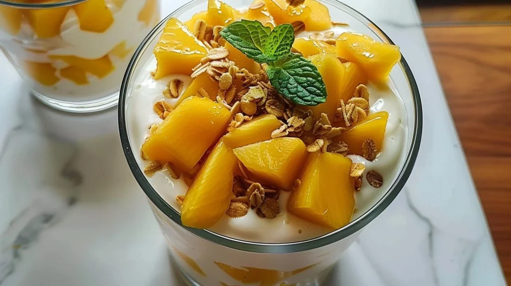 Delicious mango yogurt parfait with layers of creamy yogurt and fresh mango slices
