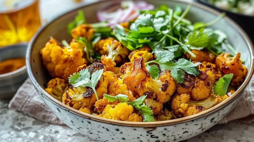 Bowl of turmeric roasted cauliflower garnished with herbs and spices