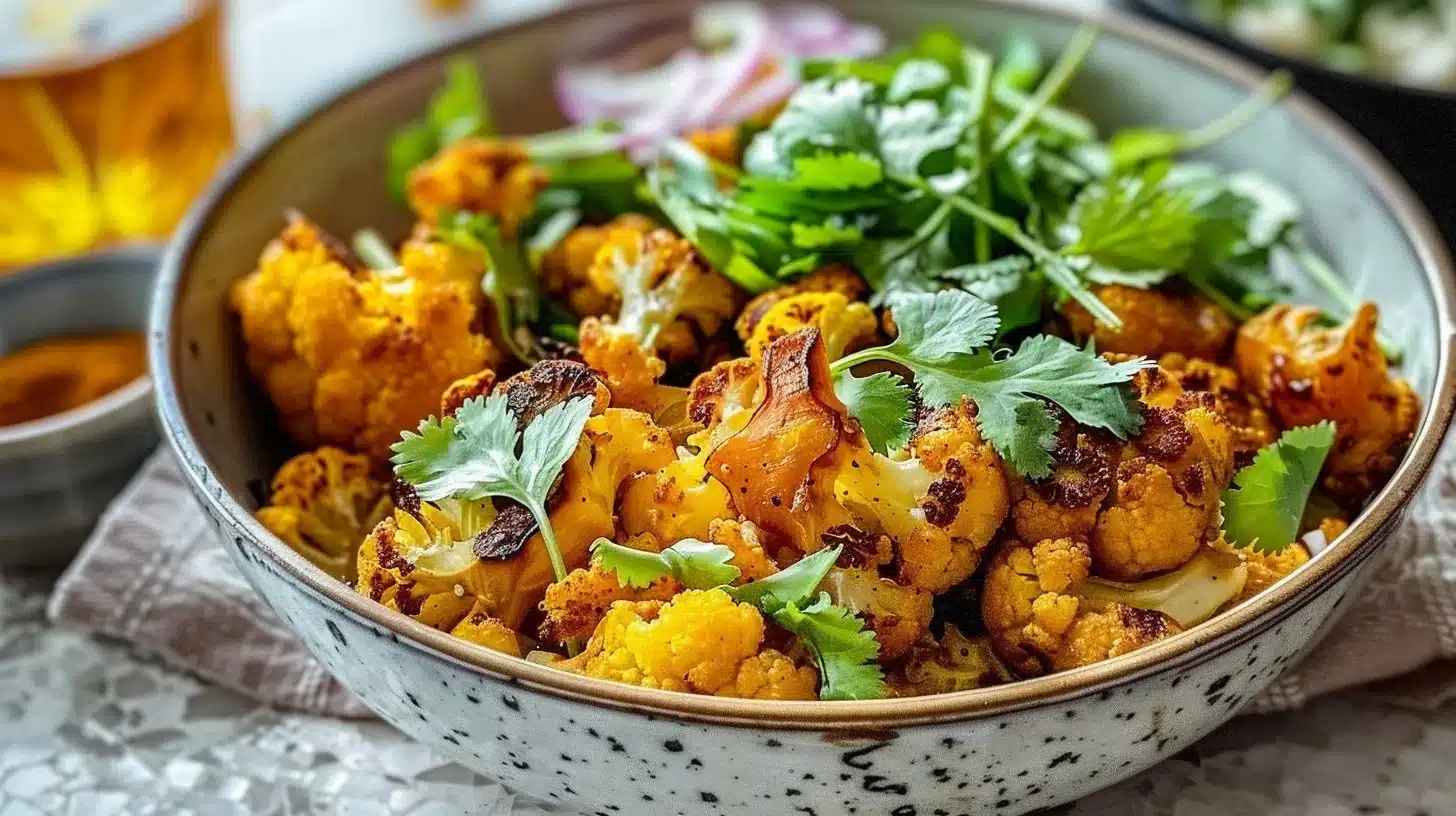 Bowl of turmeric roasted cauliflower garnished with herbs and spices