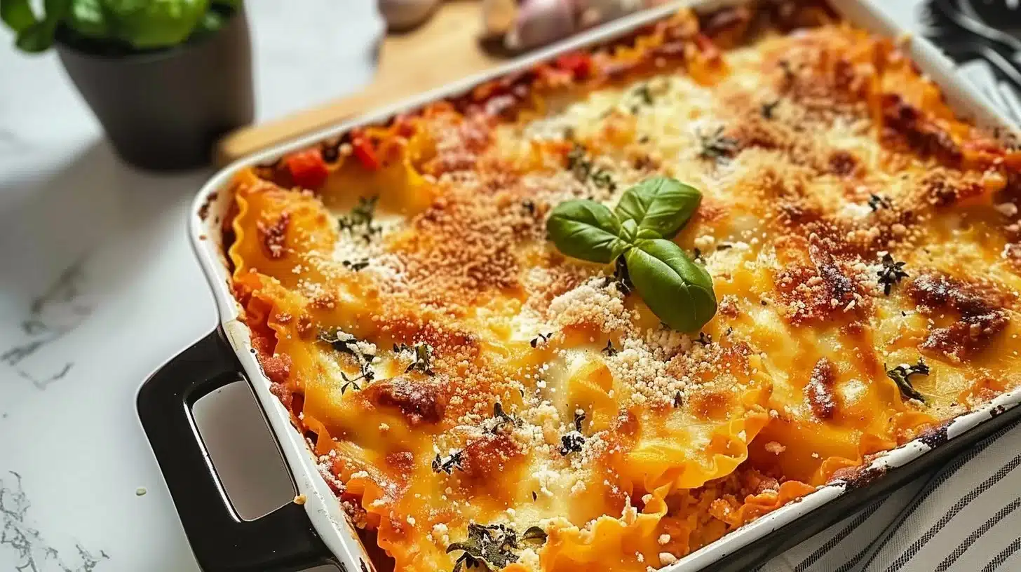 Easy vegetable lasagna bake, perfect for a cozy comfort meal with layers of veggies.