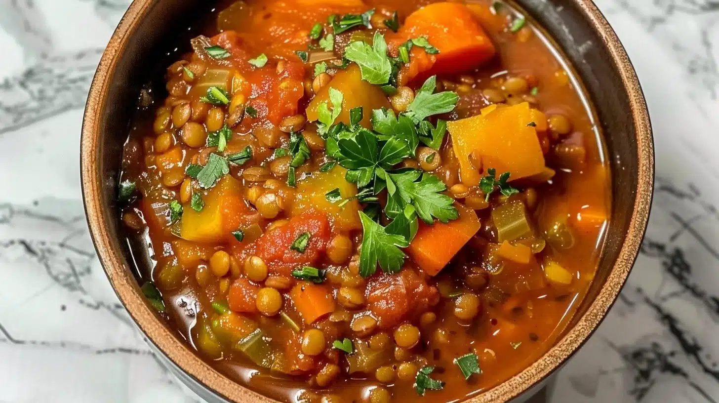 Bowl of easy veggie packed lentil stew rich in flavor and nutrition