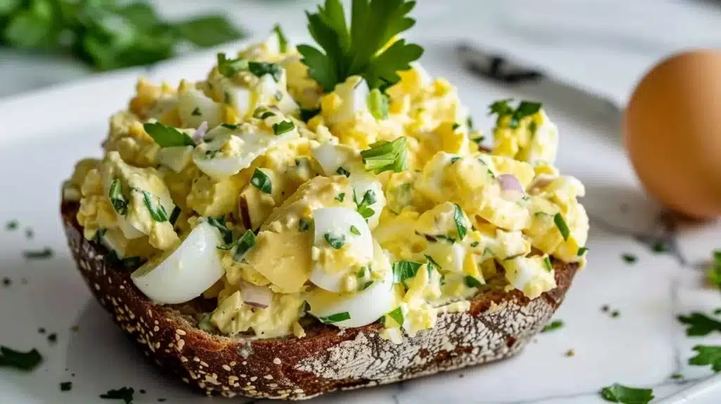 Homemade egg salad served on a plate with fresh herbs.