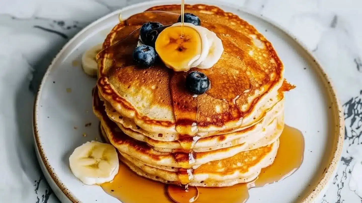 Delicious Einkorn pancakes stacked with syrup and berries.