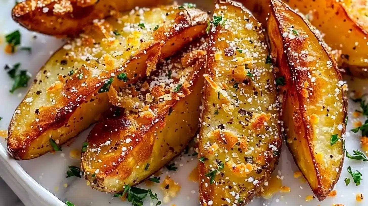 Extra-Crispy Garlic Parmesan Potato Wedges served on a plate